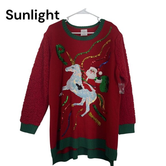 Jane Street Womens SZ 1X Christmas Unicorn Sweater Red Green Sequined Knit - Picture 1 of 8